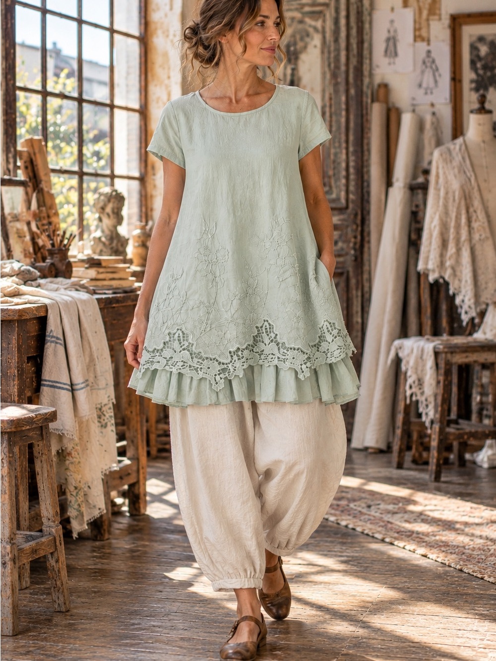 Indigo Thread Co Mint Green Tunic S Blouse Eiro Lagenlook Romantic NWT